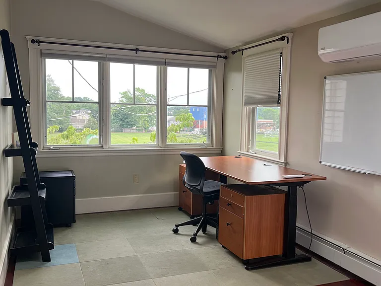 Sun porch overlooking Spy Pond Field and Spy Pond. Skylight and minisplit