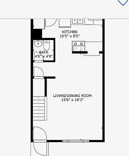 Kitchen, Half Bath, Living/Dining Room floor plan. Please note floor plan is a reverse floor plan.