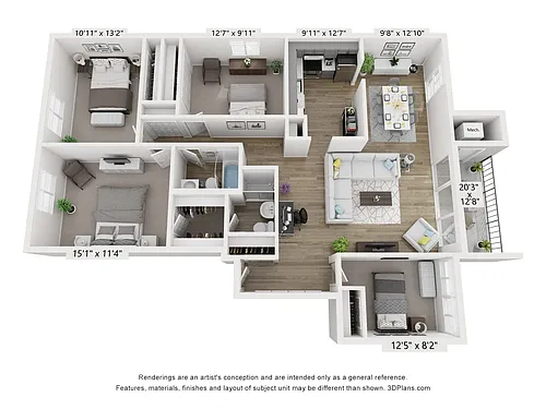 Floor plan Q - 3BR 2BA (1370sf)