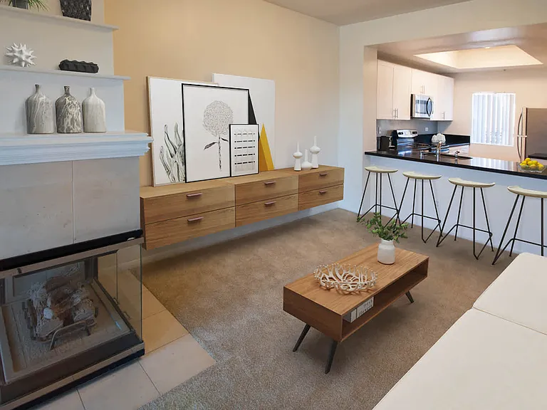 Kitchen and Dining Room with Gas Fireplace