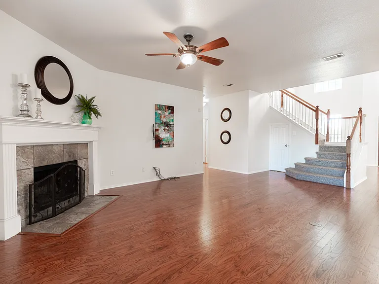 Family room with fire place - view to the front door