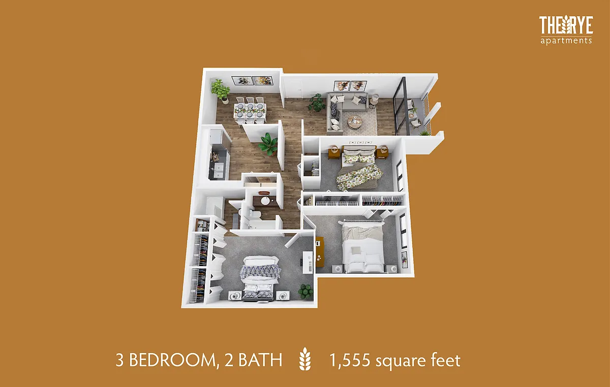 Floor plan 3 Bd 2 Bath Patio/Balcony