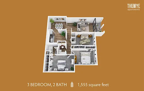Floor plan 3 Bd 2 Bath Patio/Balcony