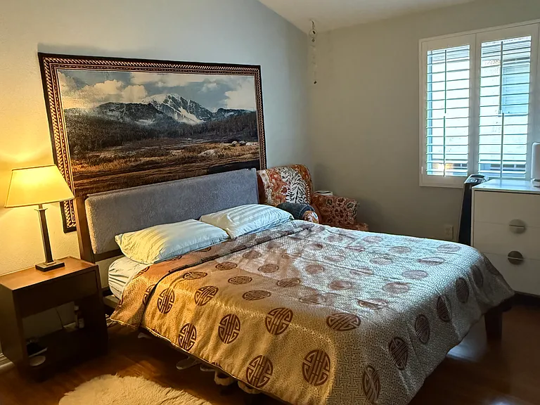 2nd bedroom with a queen bed and walk in closet.