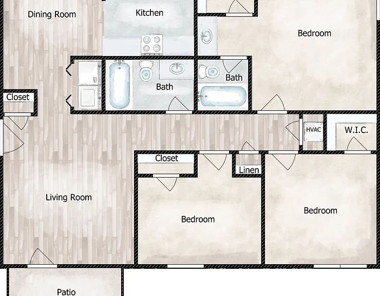 3 Bed 2 Bath Floorplan Diagram