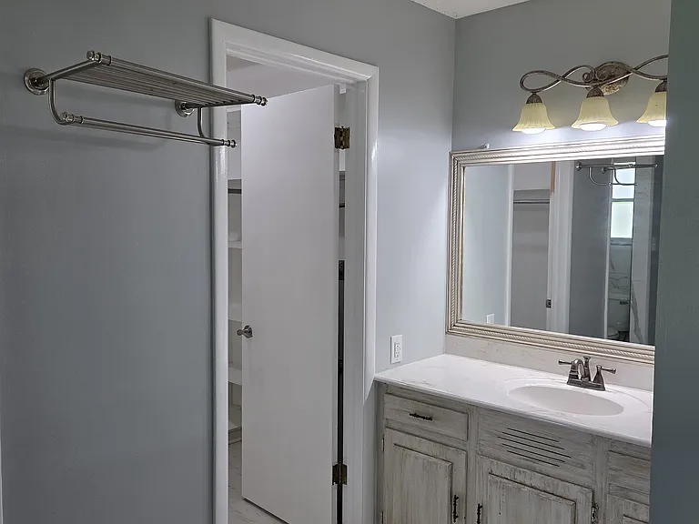Primary bathroom sink and mirror hidden behind a wall of the primary bedroom with walk-in closet through the door to the left