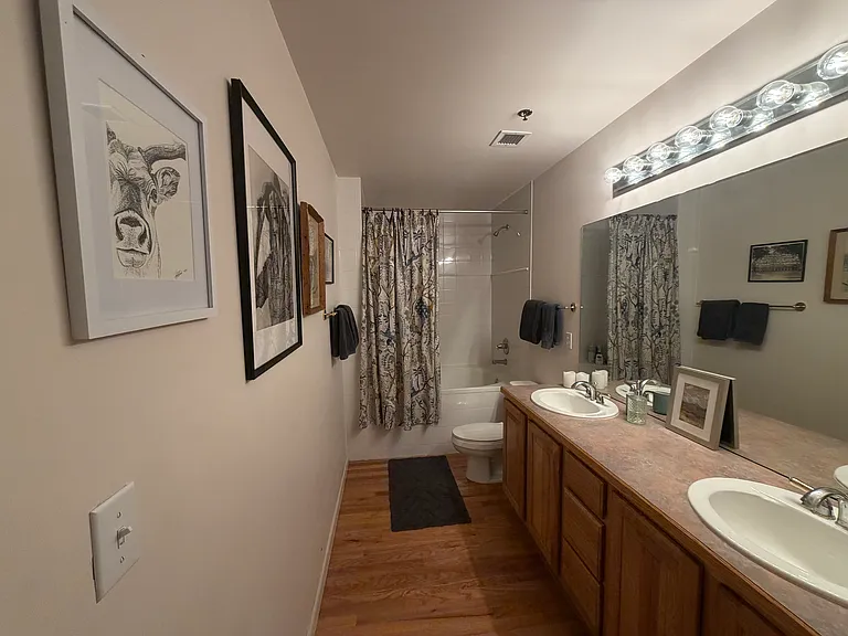 Full bath with deep tub. Dimmable light fixture. Upgrades to black matte Kohler fixtures and gray quartzite countertops are in process to be completed prior to April 1 move-in date.