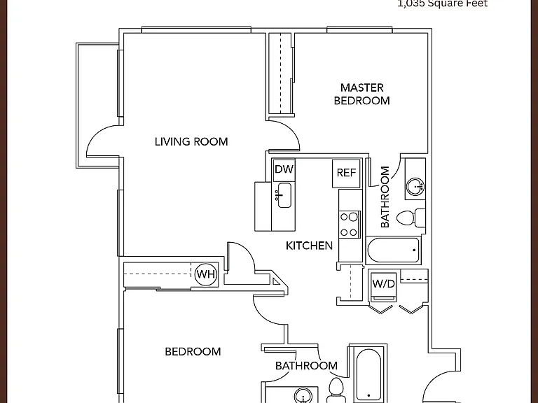 Elegant 2-Bed 2-Bath Deluxe floor plan featuring a spacious living room, modern kitchen, and master bedroom, covering 1,035 square feet. Elegant 2-Bed 2-Bath Deluxe floor plan featuring a spacious living room, modern kitchen, and master bedroom, covering 