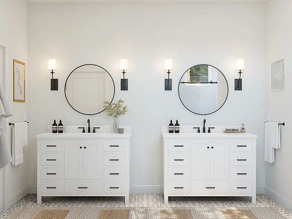 Primary bath with freestanding vanities