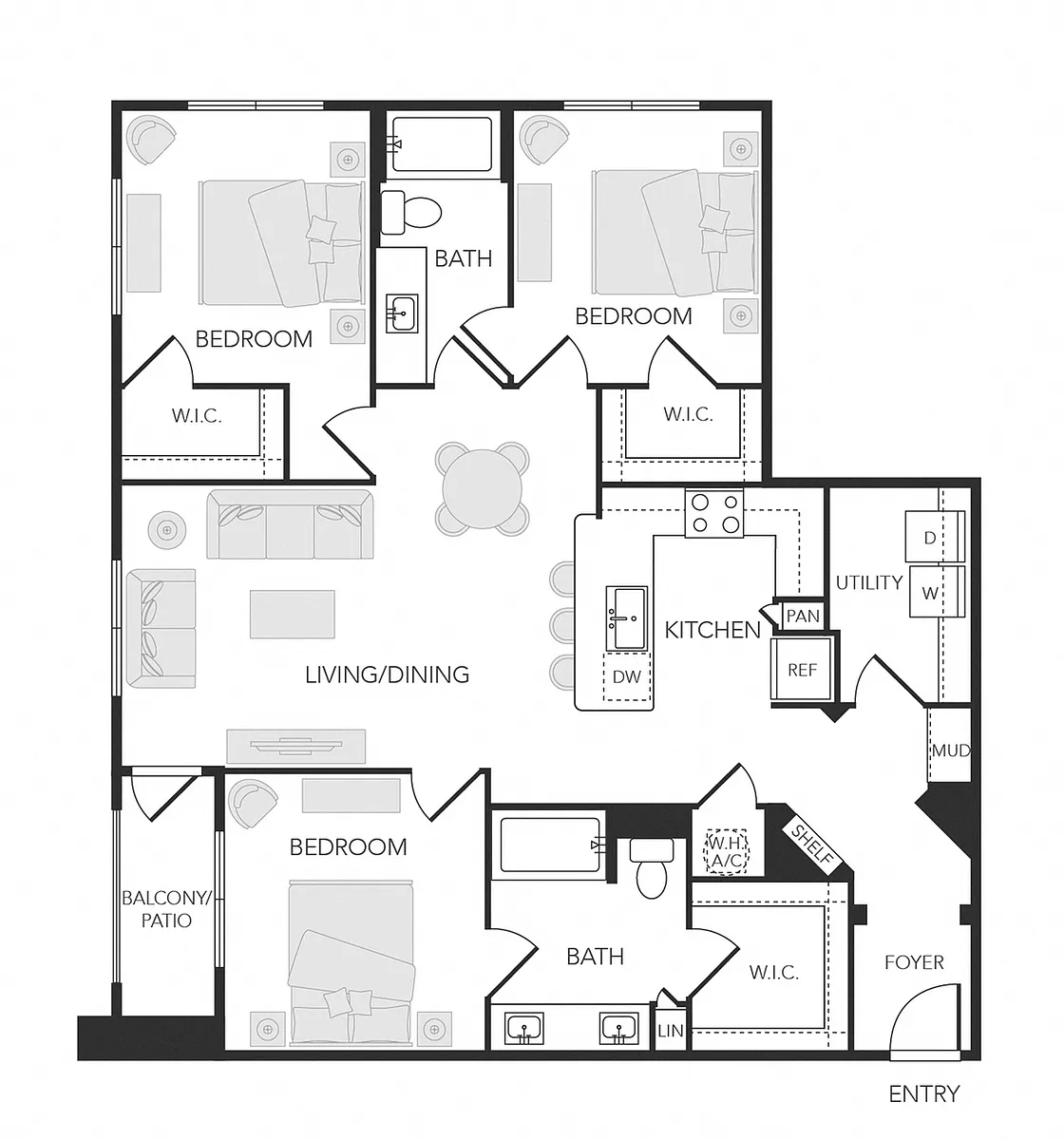 Floor plan 3BR 2BA (1388 SF)
