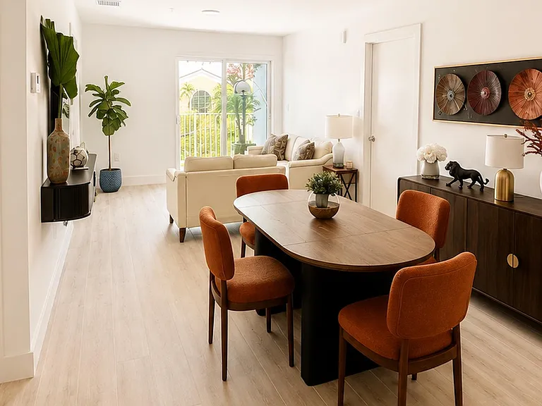 Open dining area with seating for four, flowing into the living room and sliding doors to a balcony.