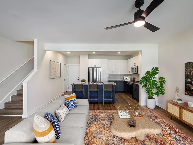 Spacious townhome kitchen and living area