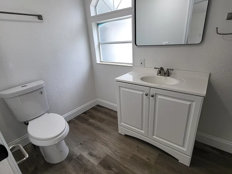 Tidy bathroom with mirror, toilet, good lighting and ventilation