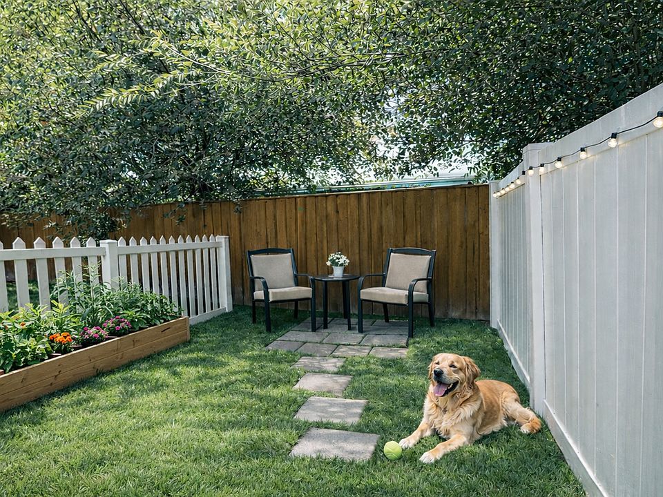 Quiet backyard oasis featuring lush greenery _perfect for relaxing or entertaining outdoors.