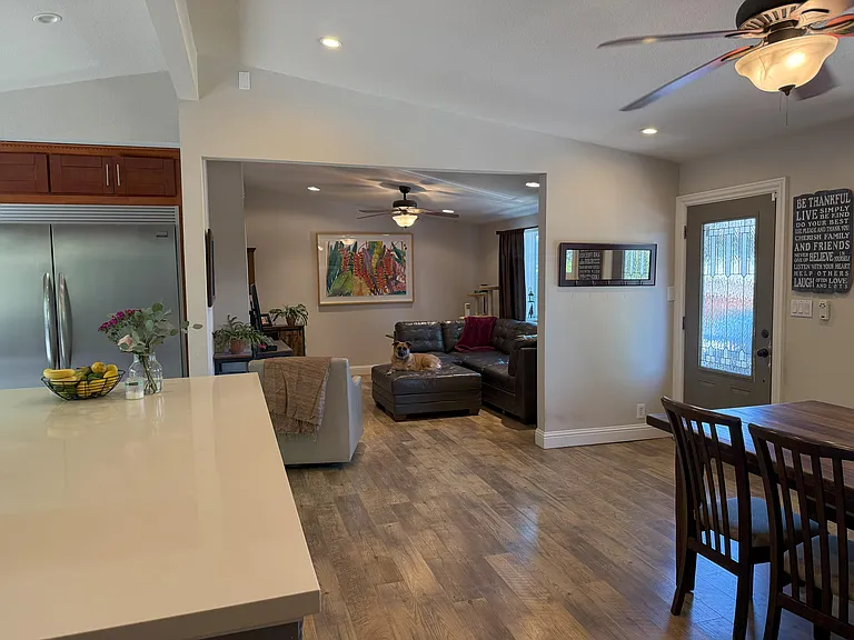 counter, dining, living room in background