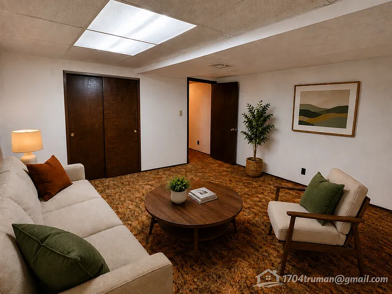 Other perspective of the largest basement room. Staged virtually for ideas.