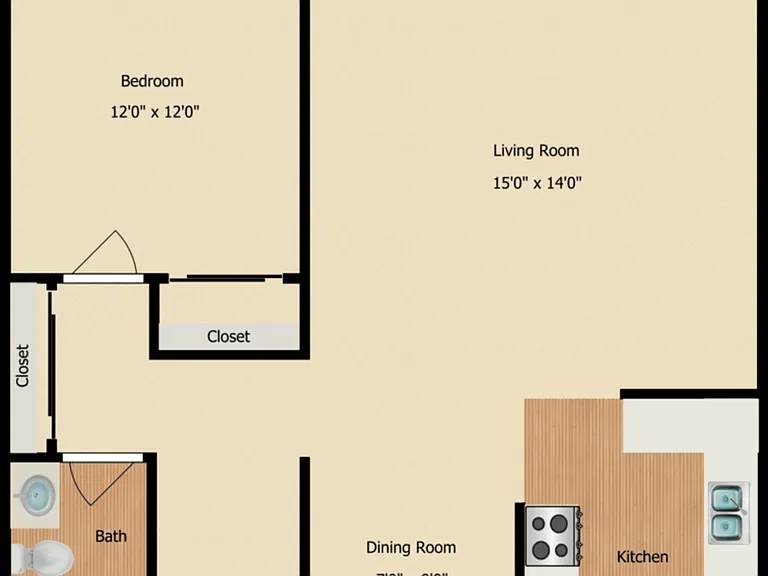1 Bed 1 Bath Floorplan Diagram
