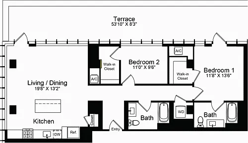 Floor plan 2 Bedroom M with Terrace