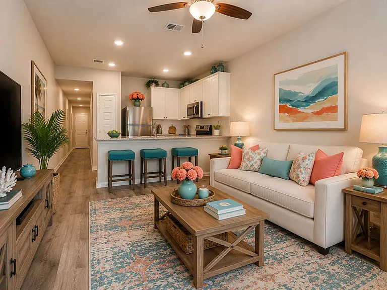 2 Bdrm /2 Bath with White kitchen cabinets, stainless steel appliances, and a breakfast bar