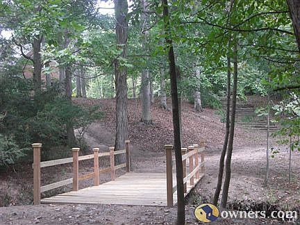 Bridge over creek in lower woods park like setting.