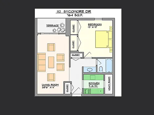 Floor plan 1 Bed 1 Bath With Patio