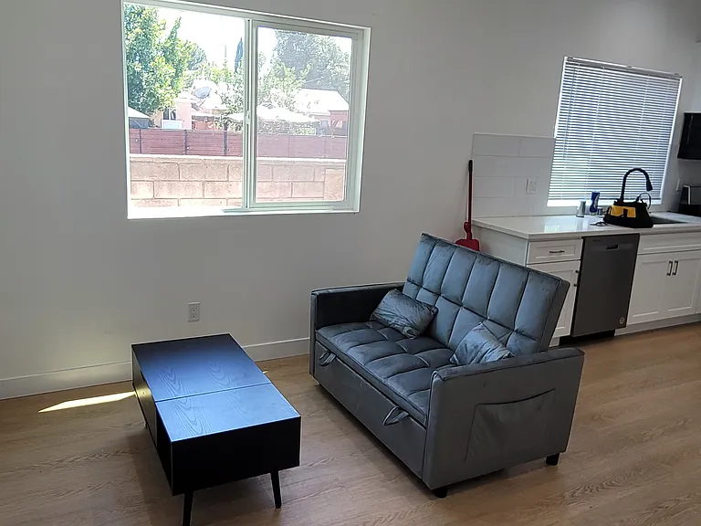 Cozy Living Room with Coffee Table and Cozy Couch That converts into a small bed