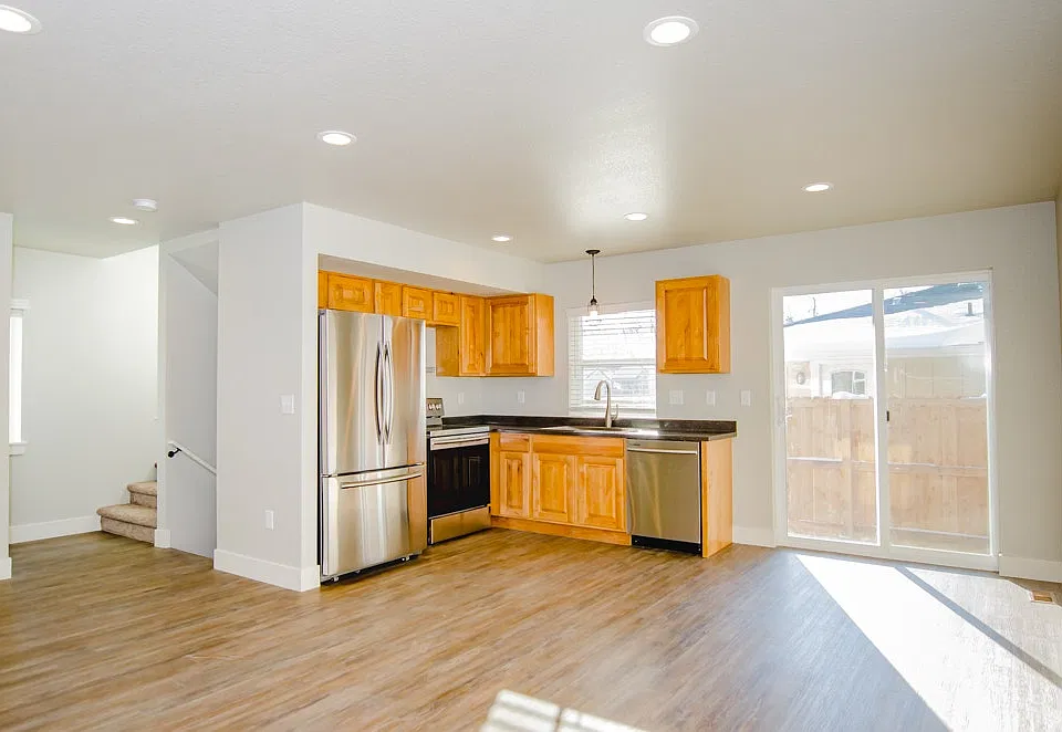 Open living room, dining room and kitchen