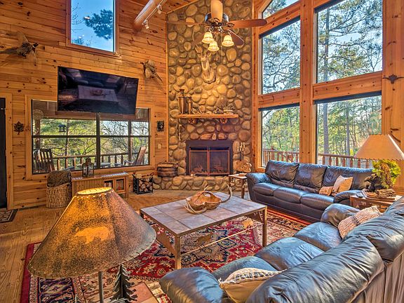 2 story rock fireplace