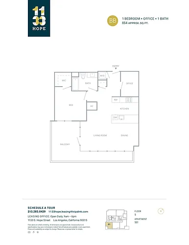 Floor plan 1 Bed 1 Bath - 854 sqft
