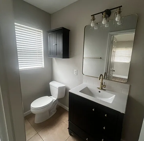 Primary Bath: View #2: Vanity, sink, faucet, mirror, vanity light and above the toilet storage.