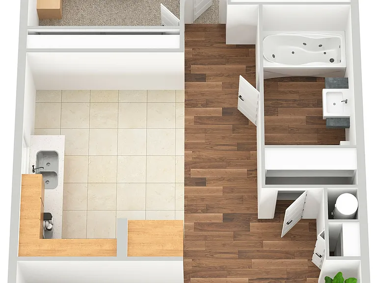 3D Furnished two-bedroom, one-bathroom floor plan rendering 3D Furnished two-bedroom, one-bathroom floor plan rendering