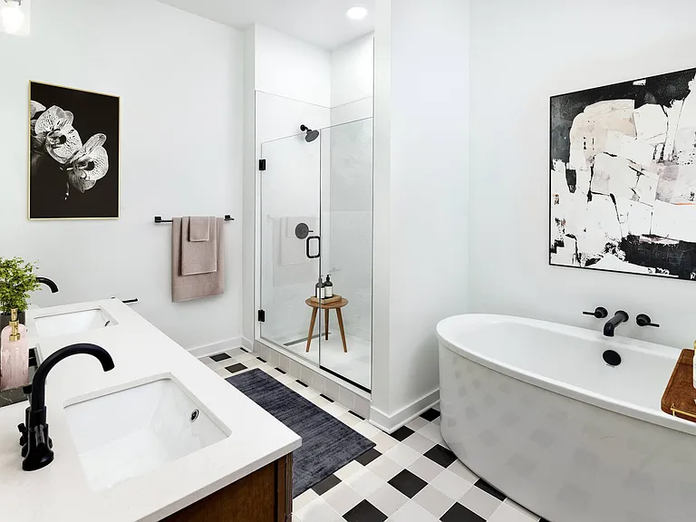 Luxe Penthouse Bathrooms with Walk-in Tiled Shower and Soaking Garden Tub