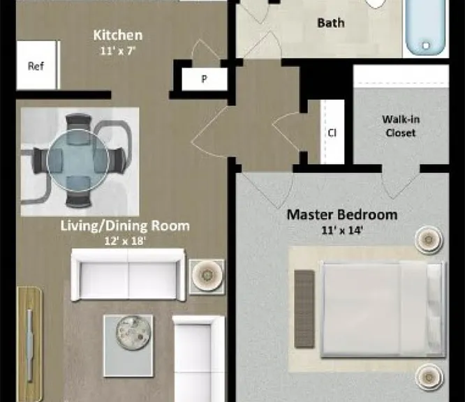 1 Bed 1 Bath G Floorplan Diagram