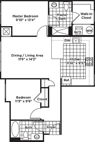 Floor plan 2 Bedroom 2 Bath - B1 Affordable 80%