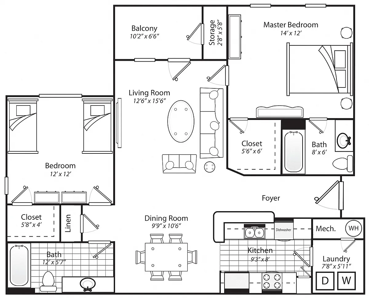 Floor plan Two Bedroom Two Bathroom 60%