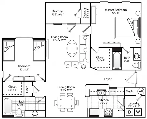 Floor plan Two Bedroom Two Bathroom MKT