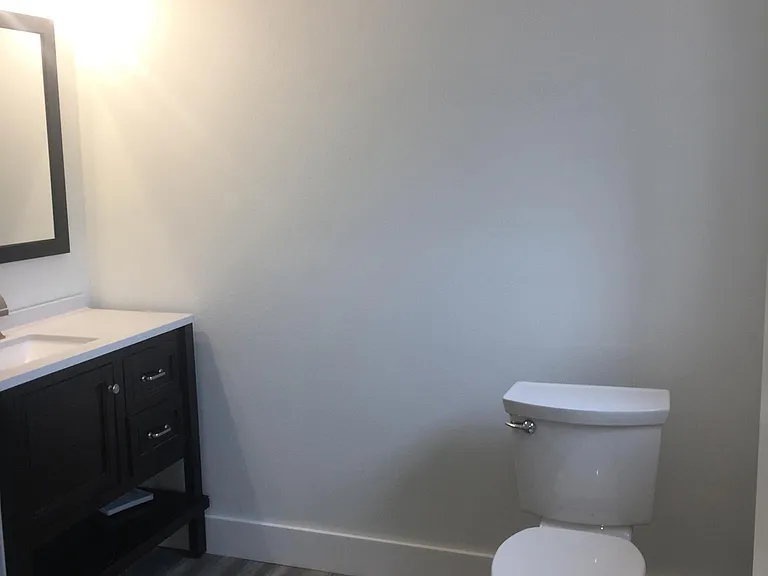 Bathroom with wood vanity.