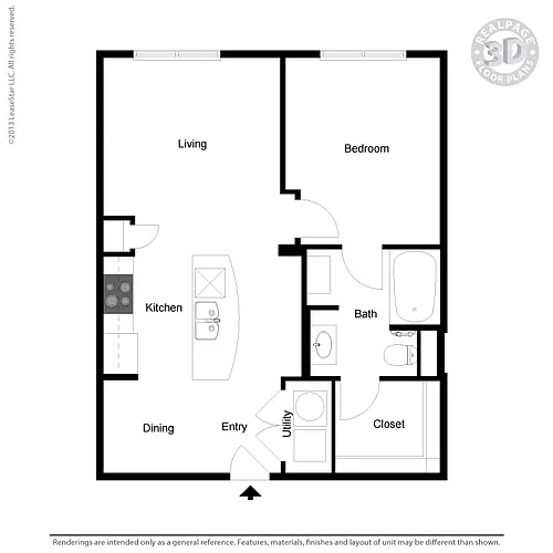 Floor plan A1-B 1 bedroom, 1 bath
