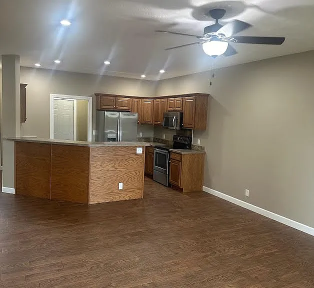 View across living area to kitchen