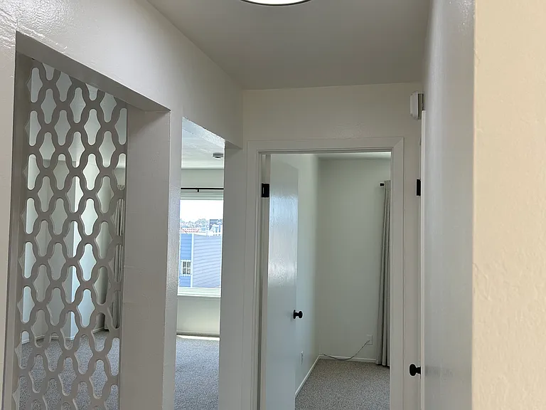 back hallway with bedroom #2 on right and living room on the left. 2nd closet for linen or pantry on the right.