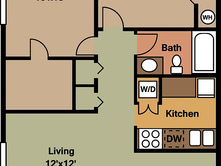 Charming floor plan showcasing two cozy bedrooms, spacious living room, functional kitchen with dining area, and modern bath, ideal for comfortable living. Charming floor plan showcasing two cozy bedrooms, spacious living room, functional kitchen with din