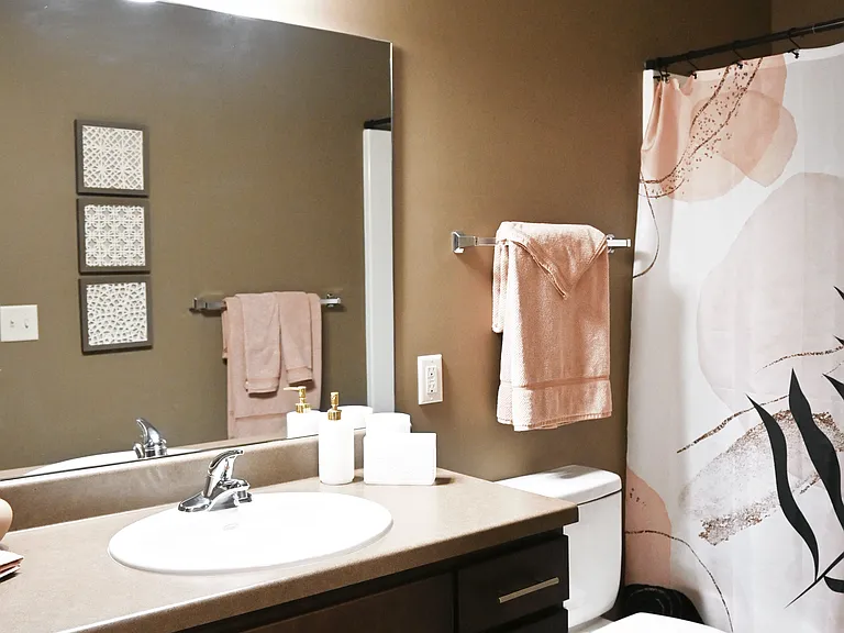 A bathroom with a toilet, sink, and shower curtain.