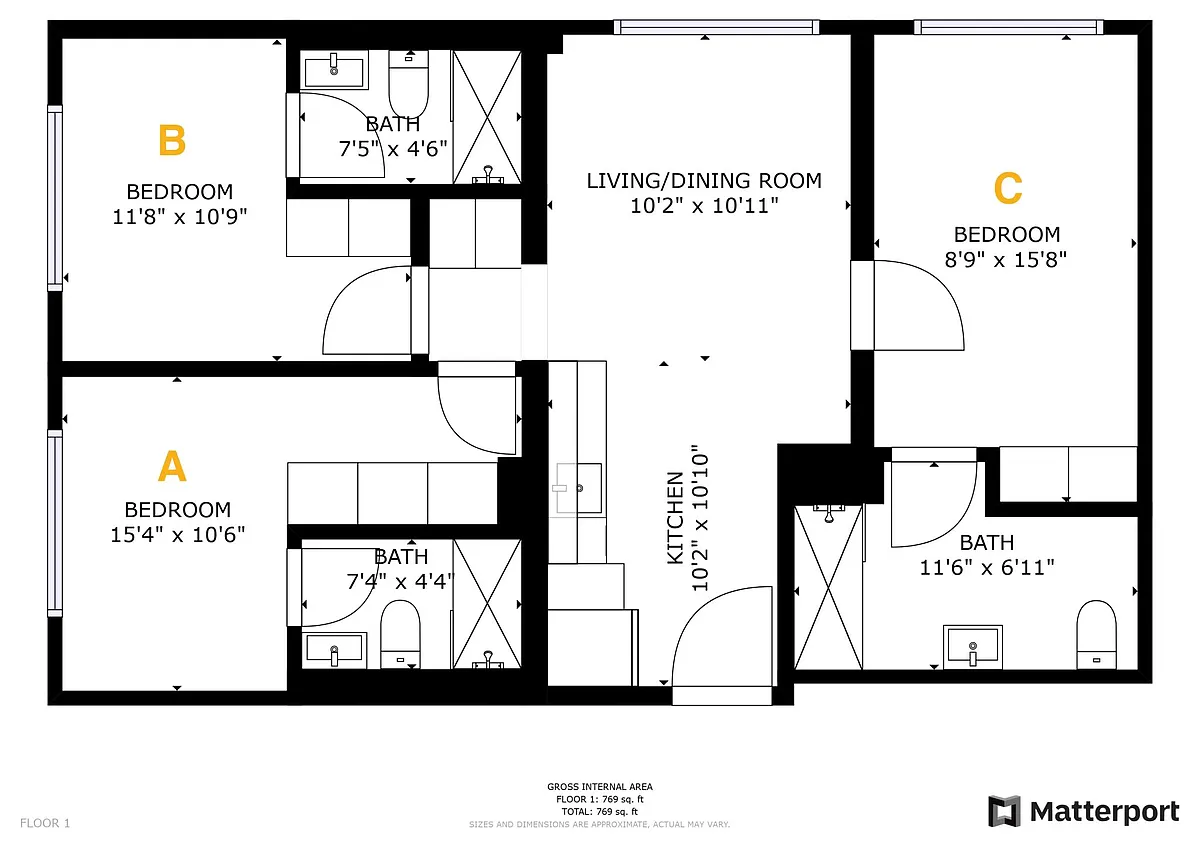 Floor plan Private Bedroom - Shared 3 Bed 3 Bath