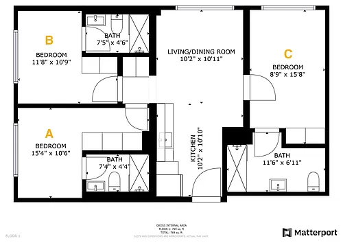 Floor plan Private Bedroom - Shared 3 Bed 3 Bath