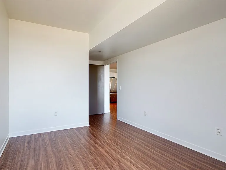 Spacious apartment bedroom with large closet and wood-style flooring.