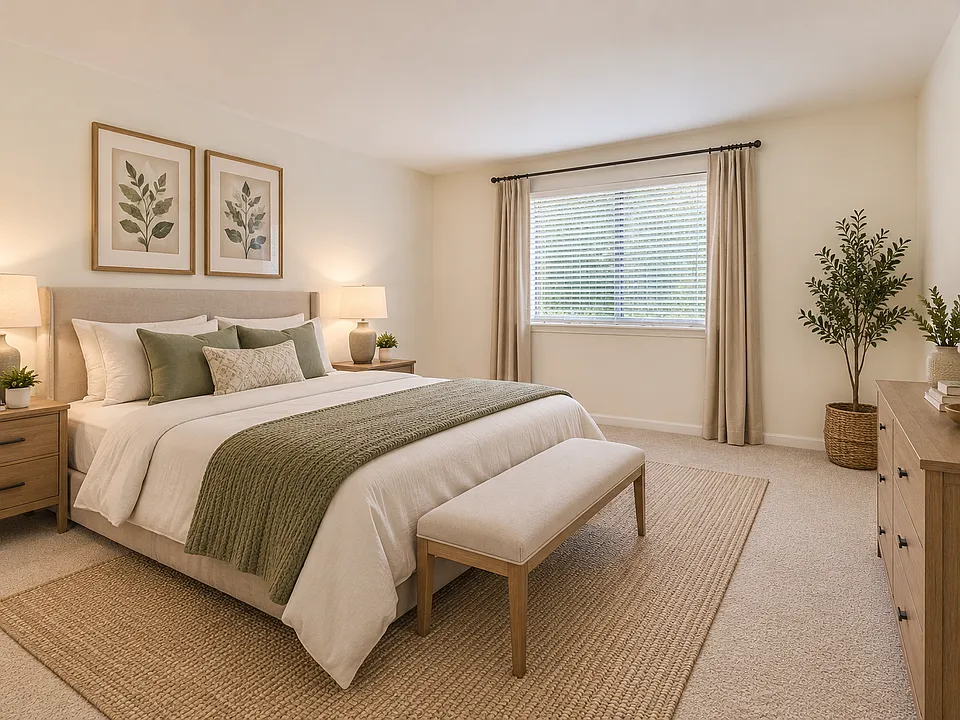 Virtually staged bedroom. Unit is offered unfurnished.