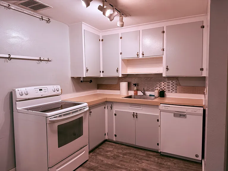 Kitchen: Venal floor for easy cleanup, garbage disposal, electric stove, fridge and dishwasher.