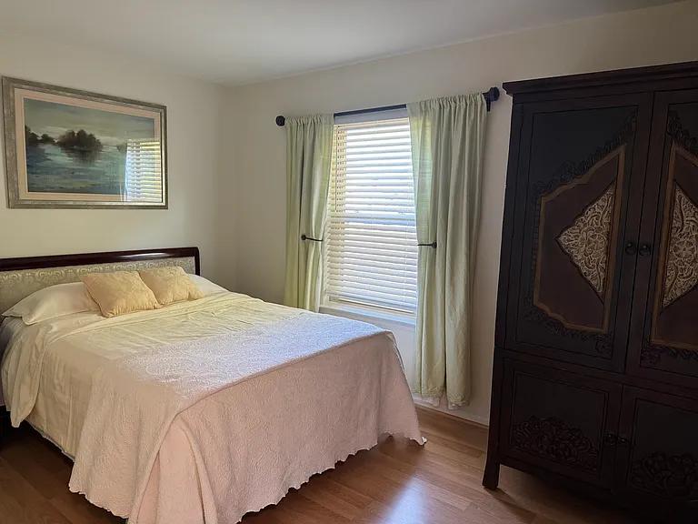 Queen bed - this room looks different now. Looks over the backyard / twinkle lights. Closet.