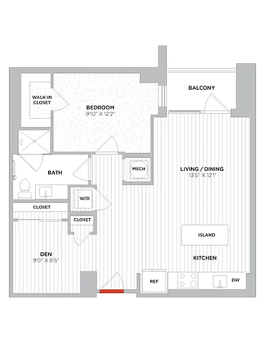 Floor plan 1 Bed/1 Bath Den-B01 West