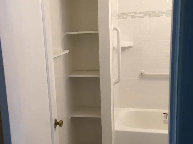 Bathroom shelves and tub with safety bars and soap dish.